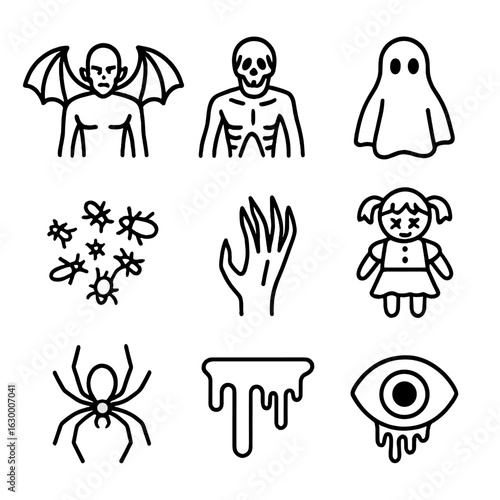 Horror Creatures Icons. Outline icon set of horror creatures: bat winged demon, skeletal figure, faceless ghost, crawling insect