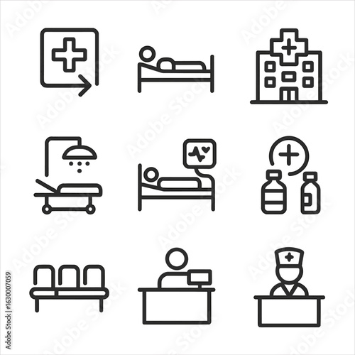 Hospital Facility Icons. Outline icon set of hospital facilities: emergency room, patient bed, hospital building, operating