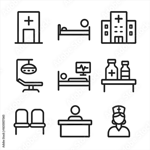 Hospital Facility Icons. Outline icon set of hospital facilities: emergency room, patient bed, hospital building, operating