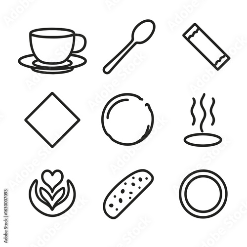 Coffee Icon Set. Outline icon set of coffee presentation: cup with saucer, coffee spoon, sugar packet, napkin,