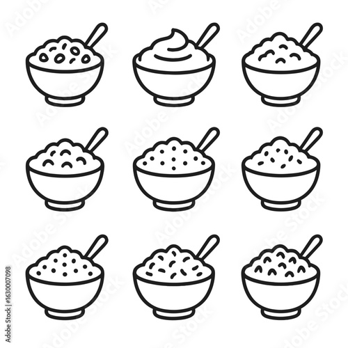 Hot Cereal Icons. Outline icon set of hot cereal types: oatmeal, cream of wheat, porridge, rice pudding, semolina, grits, millet
