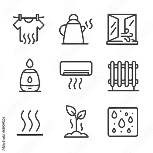 Evaporation Icon Set. Outline icon set of household evaporation: drying clothes, boiling water, open window, humidifier, air