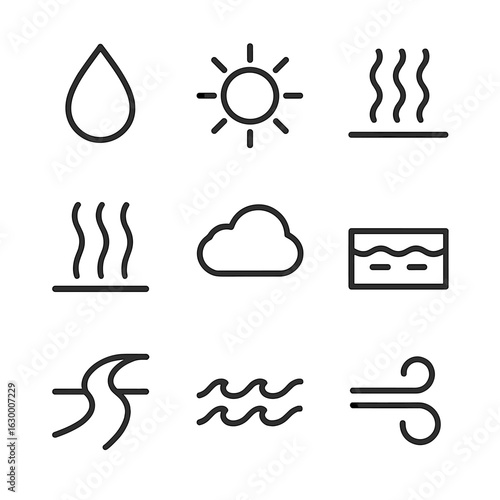 Evaporation Process Icons. Outline icon set of evaporation process: water droplet, sun, heat waves, steam, cloud formation, lake,