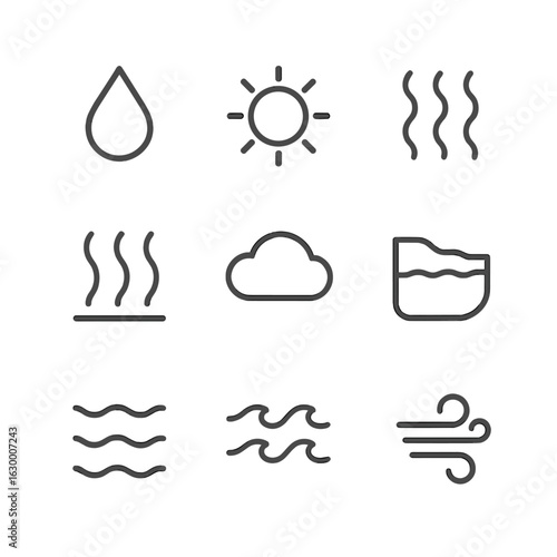 Evaporation Process Icons. Outline icon set of evaporation process: water droplet, sun, heat waves, steam, cloud formation, lake,