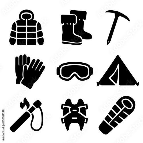 Cold Climate Gear Icons. Solid, filled icons set of survival gear in cold climates: insulated jacket, fur
