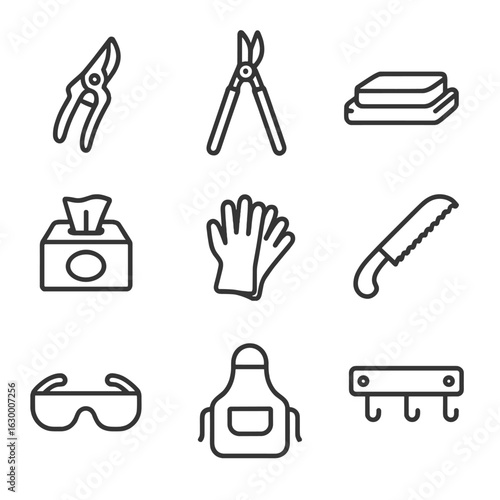 Rose Pruning Icon Set. Outline icon set of rose pruning tools: bypass shears, loppers, sharpening stone, disinfectant wipes,