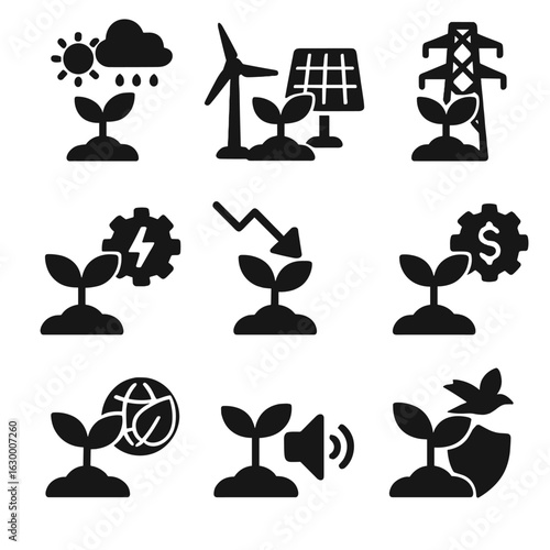 Hybrid Plant Challenges Icons. Solid, filled icon set of hybrid plant challenges: weather variability, equipment failure, grid