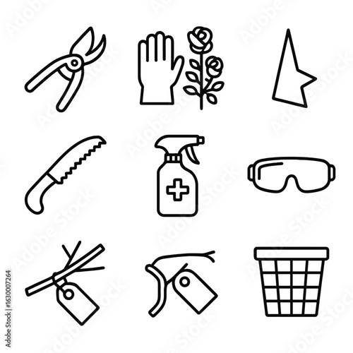Rose Pruning Tools. Outline icon set of pruning roses: secateurs, gardening gloves, rose bush silhouette, thorn symbol, pruning