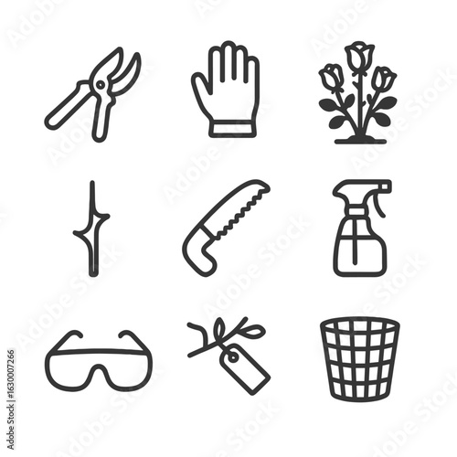 Rose Pruning Tools. Outline icon set of pruning roses: secateurs, gardening gloves, rose bush silhouette, thorn symbol, pruning