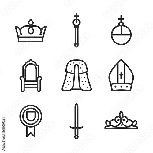 Royal Regalia Icons. Outline icon set of royal regalia items: crown, scepter, orb, throne, ermine robe, coronation mitre, royal