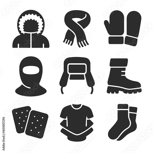 Cold Weather Gear Icons. Solid, filled icons set of cold weather clothing and accessories: parka hood, wool