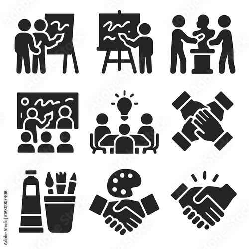 Collaborative Art Icons. Solid, filled icons set of collaborative art projects: group painting, shared canvas,