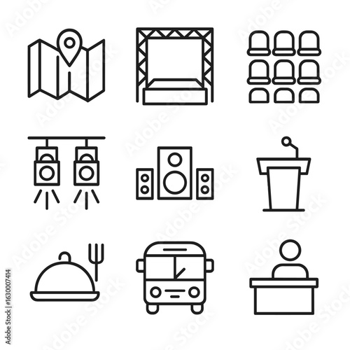 Event Logistics Icons. Outline icon set of event logistics: venue map, stage, seating arrangement, lighting, sound system, podium,