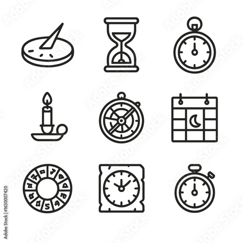 Timekeeping Icon Set. Outline icon set of timekeeping and calendars: sundial, hourglass, pocket watch, candle clock, astrolabe,