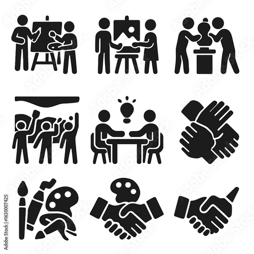 Collaborative Art Icons. Solid, filled icons set of collaborative art projects: group painting, shared canvas,