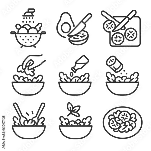 Salad Assembly Icons. Outline icon set of salad assembly steps: rinse produce, slice avocado, chop tomatoes, tear greens, drizzle