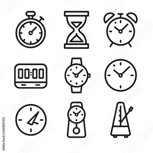 Timekeeping Icons Grid. Outline icon set of timekeeping tools: stopwatch, hourglass, alarm clock, digital timer, wristwatch, wall