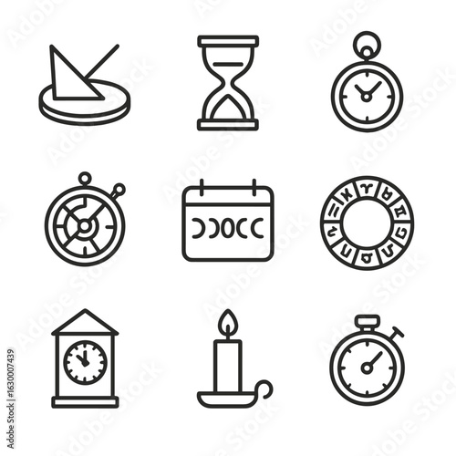 Timekeeping Icon Set. Outline icon set of timekeeping and calendars: sundial, hourglass, pocket watch, candle clock, astrolabe,