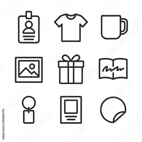 Event Souvenir Icons. Outline icon set of event souvenirs: badge, t-shirt, mug, photo frame, gift box, autograph book, keychain,