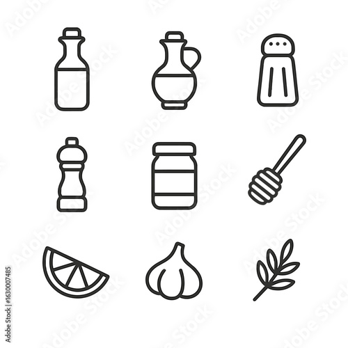Salad Dressing Icons. Outline icon set of salad dressings and seasonings: olive oil bottle, balsamic vinegar bottle, salt shaker,