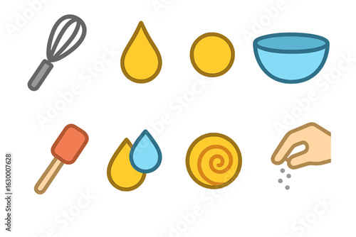Sauce Emulsion Icons. Flat vector mini-illustrations emulsification in sauces in colors children's illustrations: whisk, oil