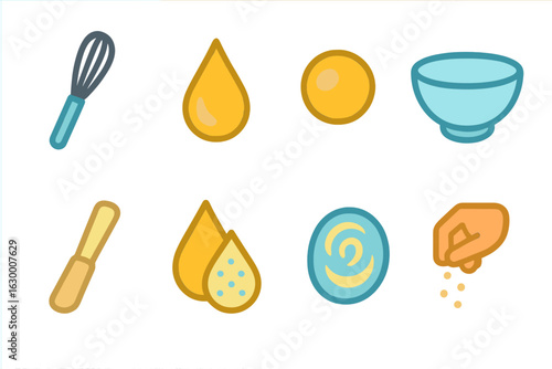 Sauce Emulsion Icons. Flat vector mini-illustrations emulsification in sauces in colors children's illustrations: whisk, oil