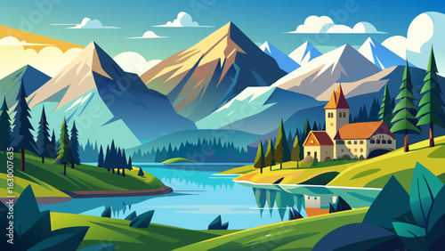 Vector art of sunny day in a picturesque mountain landscape with a clear blue lake, green hills, and a charming village with a church nestled among pine trees