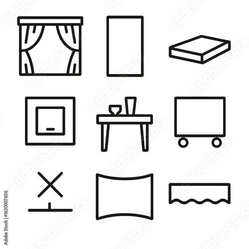 Scenic Stage Icons. Outline icon set of scenic and set pieces: backdrop curtain, flat wall panel, platform riser, trap door hatch,