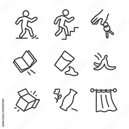 Everyday Mishap Icons. Outline icon set of fall in everyday life: slipping on ice, tripping on stairs, dropping keys, falling book