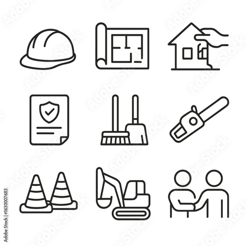 Tornado Recovery Icons. Outline icon set of tornado aftermath recovery: construction helmet, blueprint, rebuilding house,