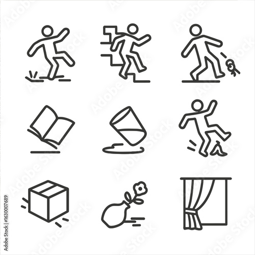 Everyday Mishap Icons. Outline icon set of fall in everyday life: slipping on ice, tripping on stairs, dropping keys, falling book