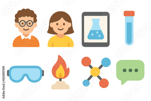 Science Experiment Icons. Flat vector mini-illustrations online science experiment demo in colors children's illustrations: tutor