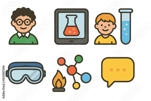 Science Experiment Icons. Flat vector mini-illustrations online science experiment demo in colors children's illustrations: tutor