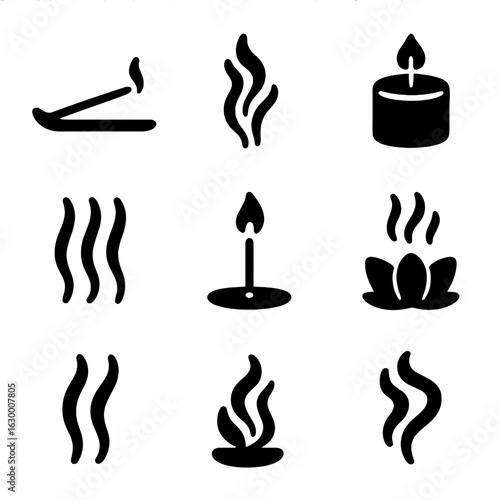 Incense Icon Set. Solid, filled icon set of incense and smoke: incense stick, incense holder, aromatic smoke, scented candle,