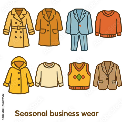 Seasonal Business Wear Icons. Flat vector mini-illustrations seasonal business wear in colors children's illustrations: trench