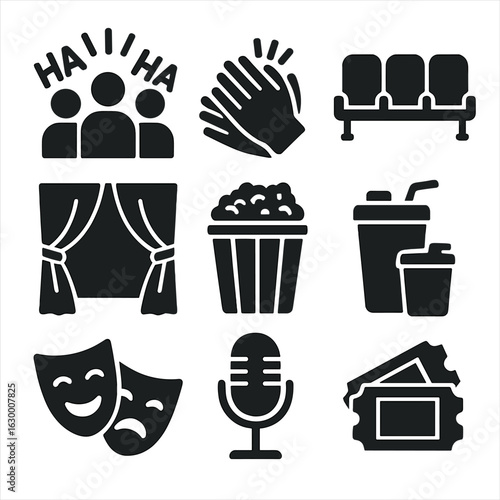 Comedy Night Icons. Solid, filled icons set of Audience enjoying comedy: laughter bursts, clapping hands,