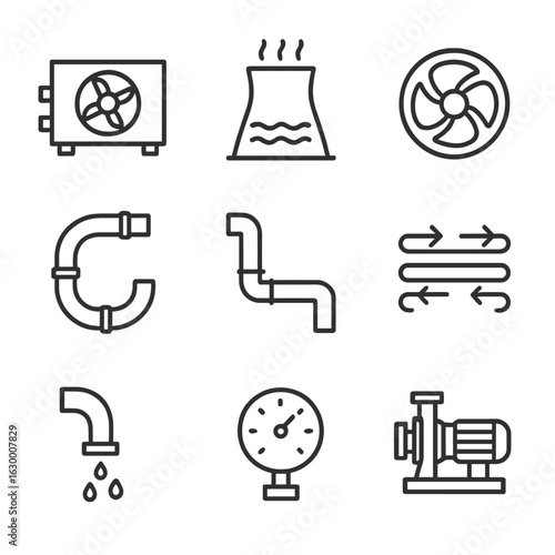 Industrial Cooling Icons. Outline icon set of industrial cooling: chiller unit, cooling tower outline, industrial fan, glycol loop
