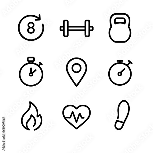 Exercise Tracking Icons. Outline icon set of exercise tracking metrics: reps, sets, weight, duration, distance, pace, calories