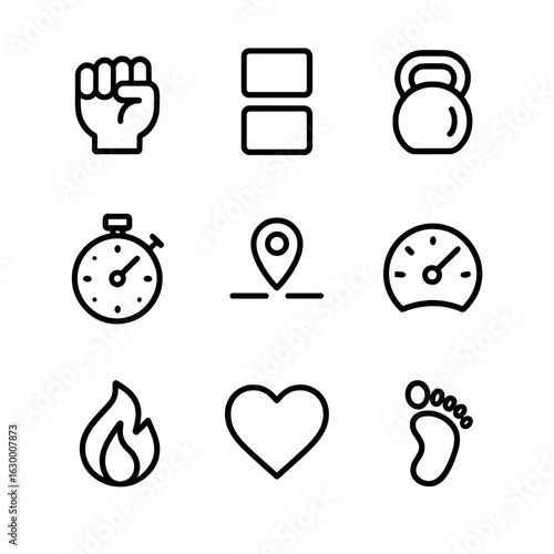 Exercise Tracking Icons. Outline icon set of exercise tracking metrics: reps, sets, weight, duration, distance, pace, calories
