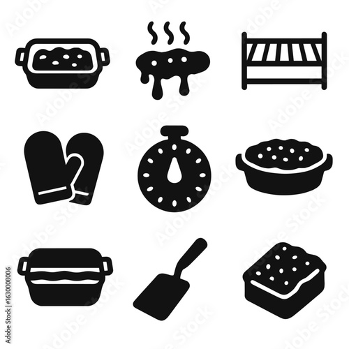 Comfort Food Icons. Solid, filled icons set of oven-baked comfort foods: casserole dish, bubbling cheese, oven