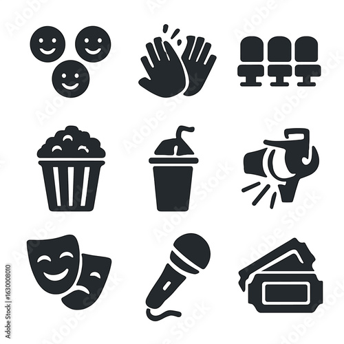 Comedy Show Icons. Solid, filled icons set of Comedy show crowd: smiling faces, clapping hands, theater seats,
