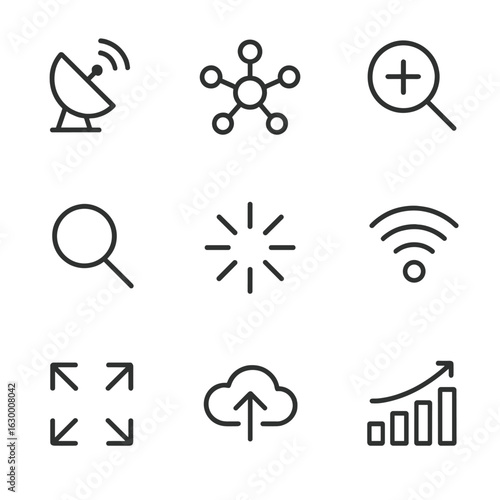 Expansion Technology Icons. Outline icon set of expansion technology: satellite dish, expanding network, zooming lens, magnifying