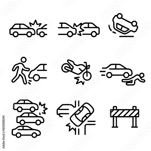 Traffic Accident Icons. Outline icon set of traffic accidents: rear-end collision, side impact, rollover, pedestrian hit,