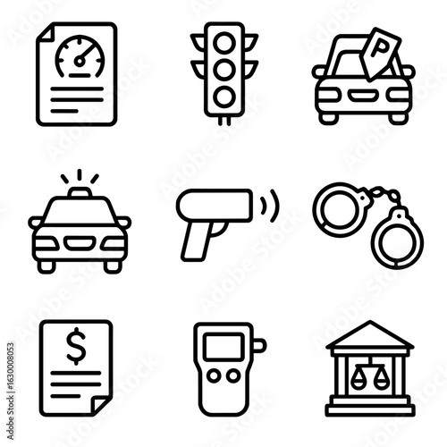 Traffic Violation Icons. Outline icon set of traffic violations and enforcement: speeding ticket, red light violation, parking