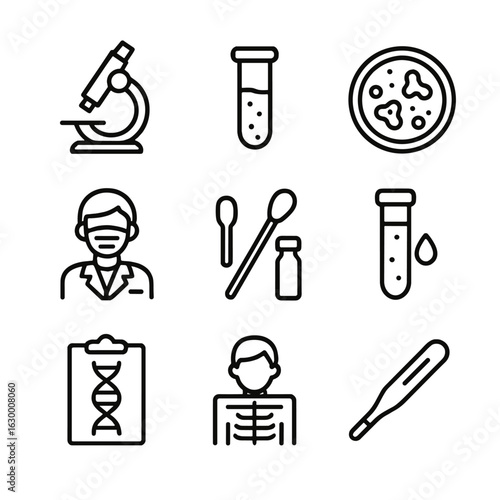 Infection Diagnosis Icons. Outline icon set of infection diagnosis: microscope, test tube, petri dish, lab technician, swab, blood