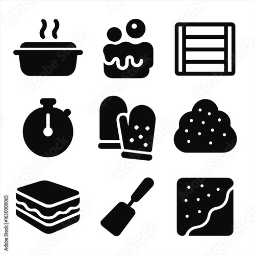 Comfort Food Icons. Solid, filled icons set of oven-baked comfort foods: casserole dish, bubbling cheese, oven