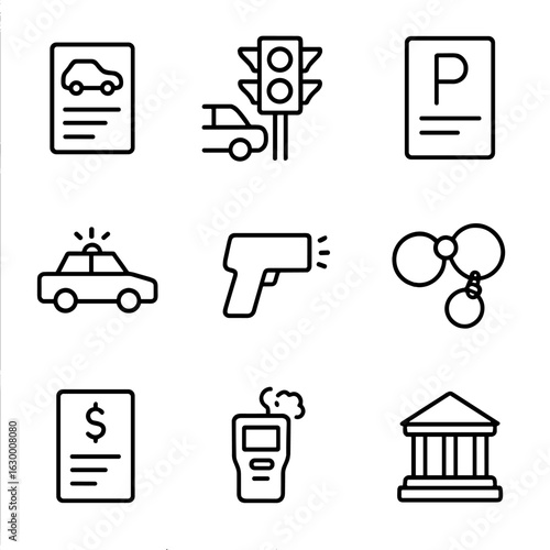 Traffic Violation Icons. Outline icon set of traffic violations and enforcement: speeding ticket, red light violation, parking