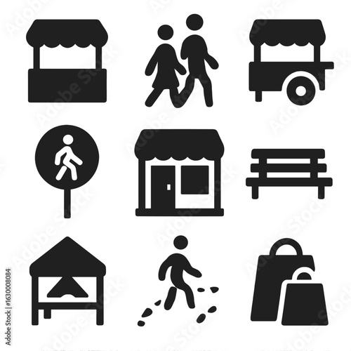 Commercial Icons Grid. Solid, filled icons set of Commercial pedestrian zone: market stalls, shoppers, food
