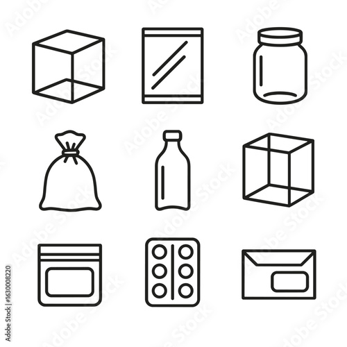 Transparent Packaging Icons. Outline icon set of transparent packaging: clear box, plastic wrap, glass jar, cellophane bag,