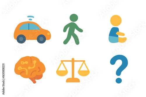 Self-Driving Car Ethics. Flat vector mini-illustrations self driving car ethical algorithm in colors children's illustrations: car